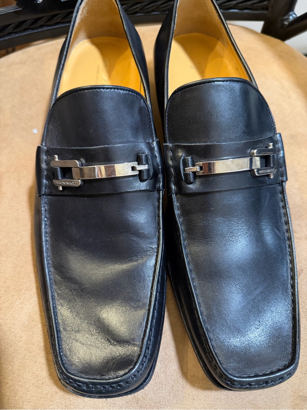 Bruno Magli Black Leather Slip-On Loafers with Silver Bit